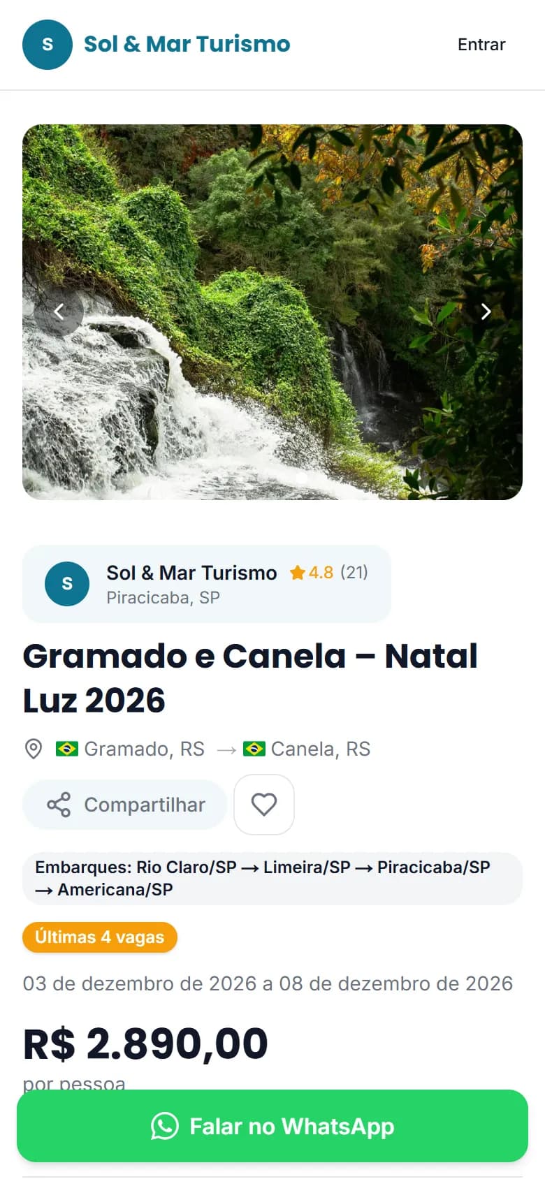 Página de uma viagem no site da agência, vista no celular