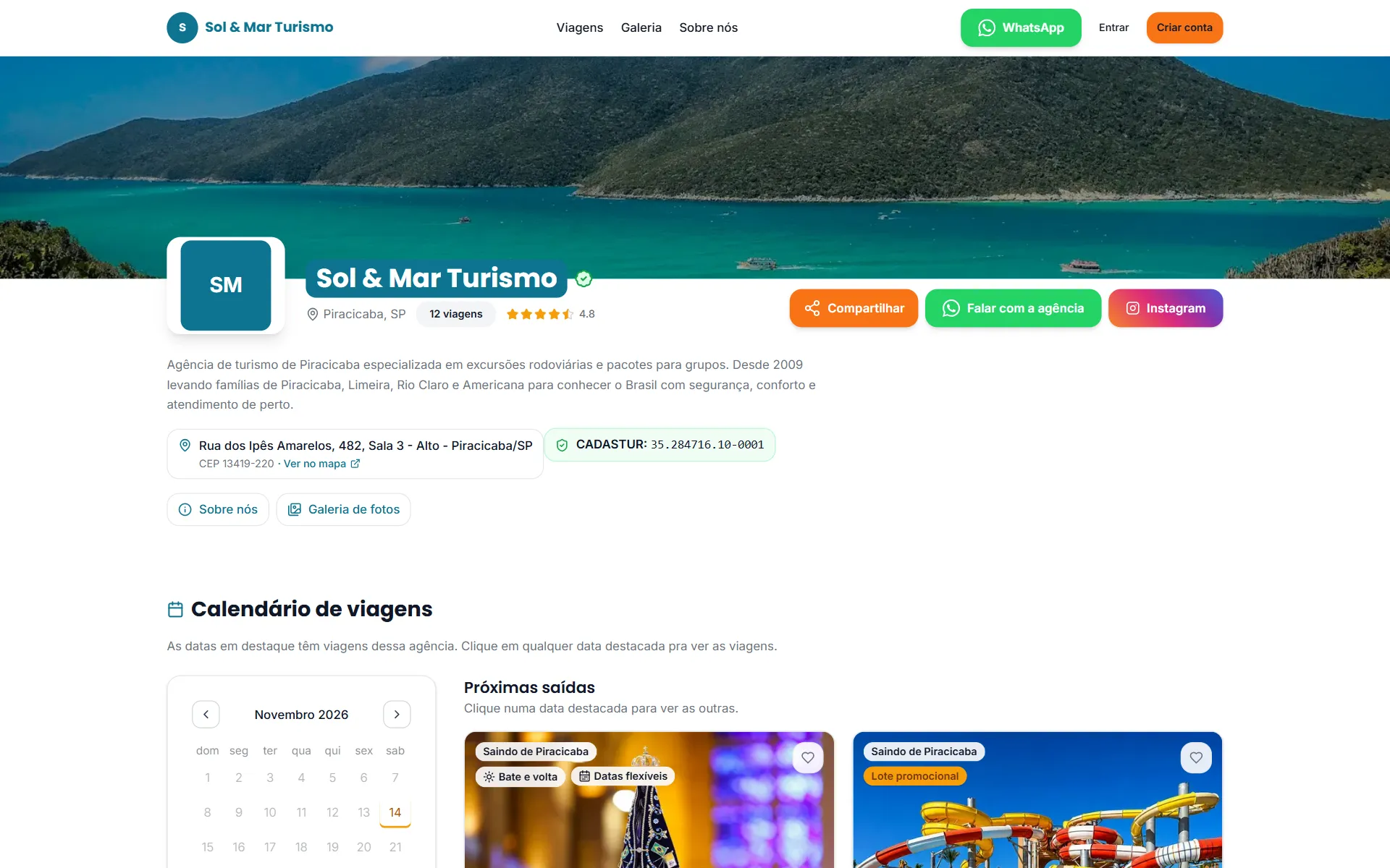 Site próprio de uma agência no Pira Turismo, com as viagens e as cores da agência